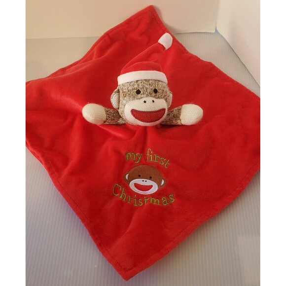 Baby Starters Security Blanket Sock Monkey My First Christmas Plush Lovey Rattle - Picture 1 of 10